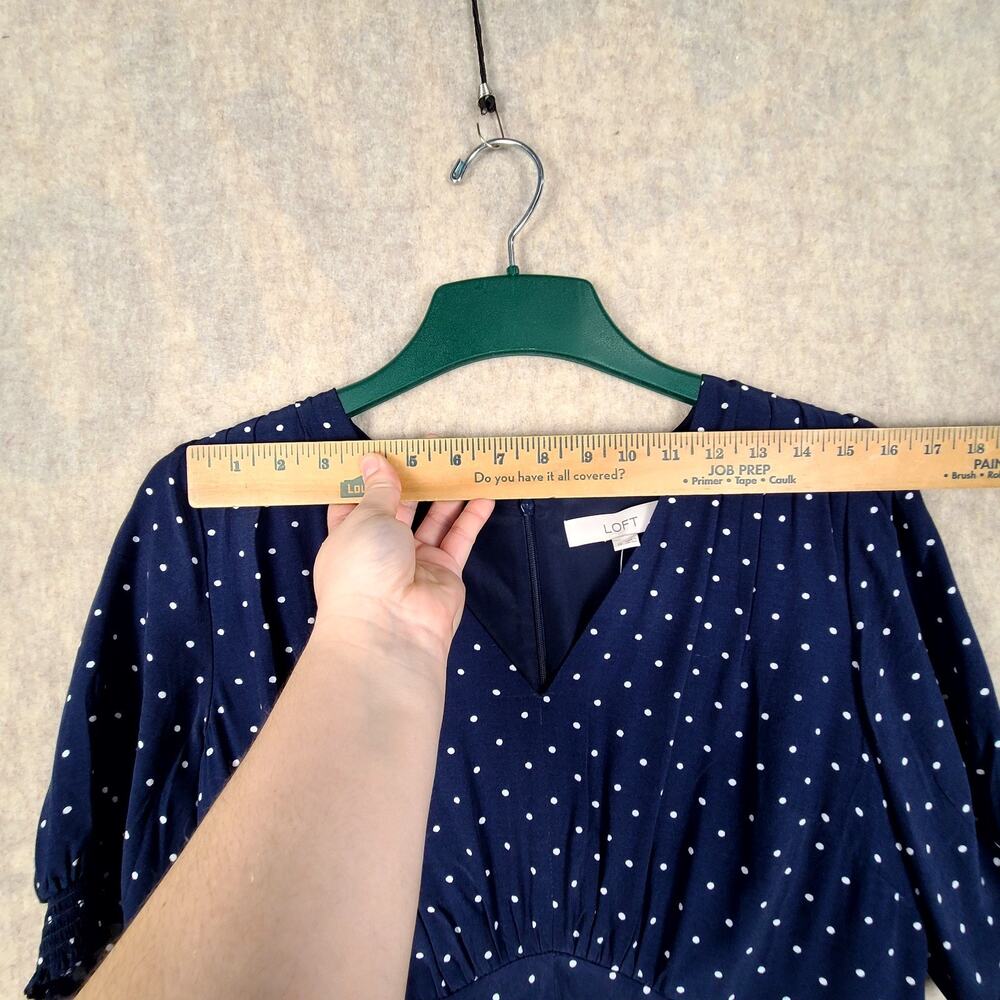 Loft Navy Blue Polka Dot V-neck Dress Puff Sleeves Size 10 NWT Retro 40's Style - Picture 11 of 13
